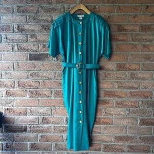 MATTI OF LYNNE | Kelly green & gold button up belt retro vintage designer dress